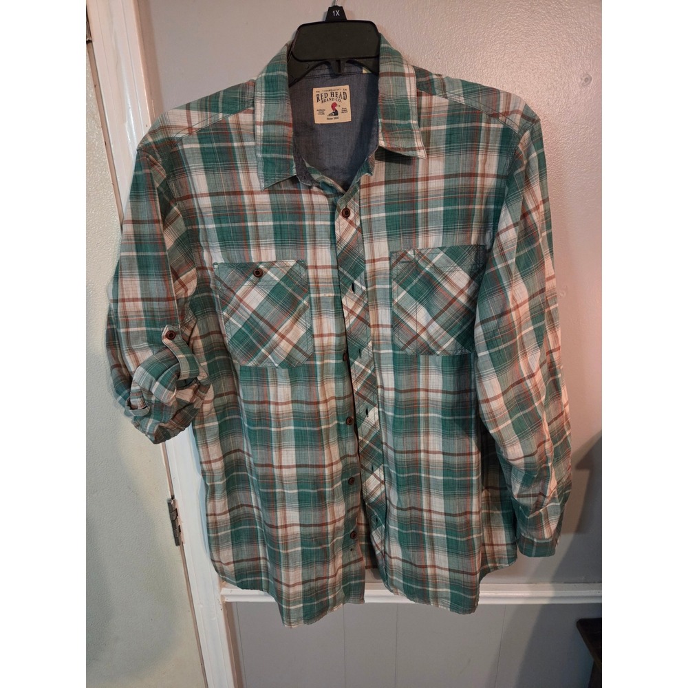 Red Head Brand Co Mens Large Green Plaid Roll Tab Long Sleeve Button Up Shirt